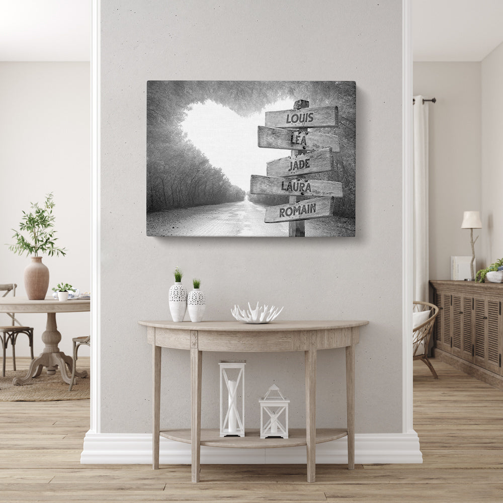 Tableau personnalisé famille, Prénom, Panneaux, Forêt Cœur noir et blanc