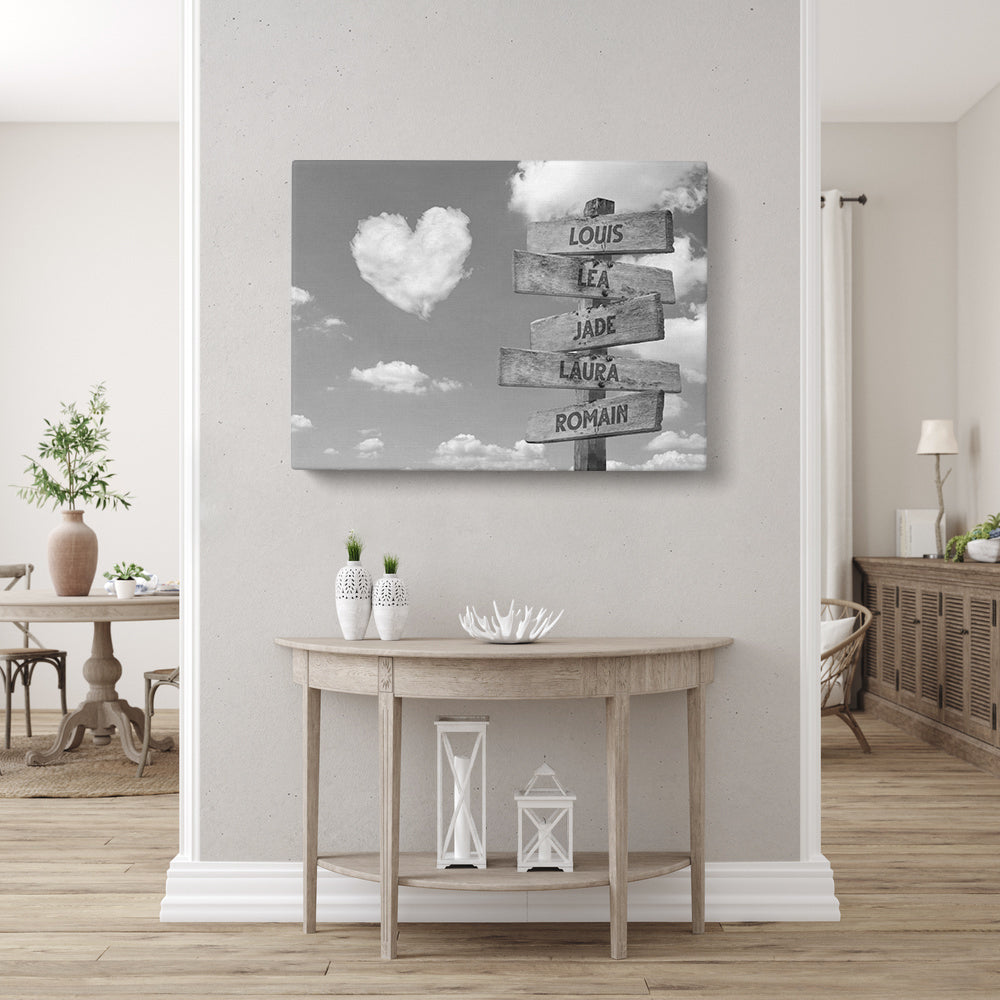 Tableau personnalisé famille, Prénom, Panneaux, Nuages Cœur noir et blanc