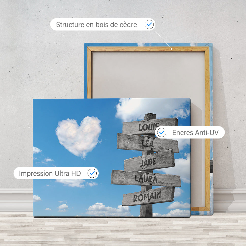 Tableau personnalisé famille, Prénom, Panneaux, Nuages Cœur
