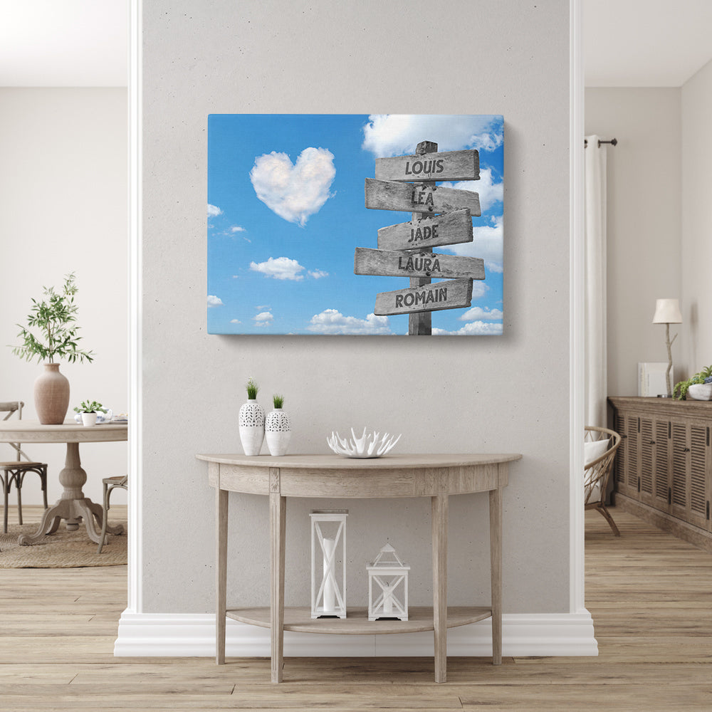 Tableau personnalisé famille, Prénom, Panneaux, Nuages Cœur