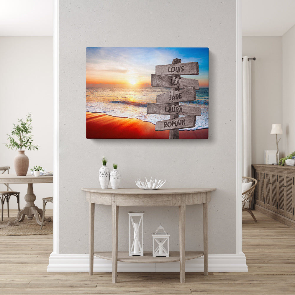 Tableau personnalisé famille, Prénom, Panneaux, coucher de soleil plage couleur