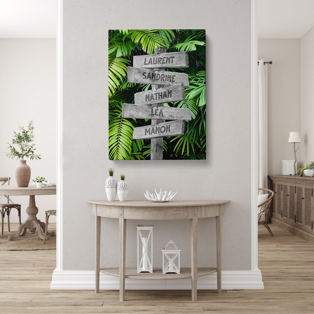 Tableau personnalisé famille, Prénom, Panneaux, Feuilles Forêt Tropicale