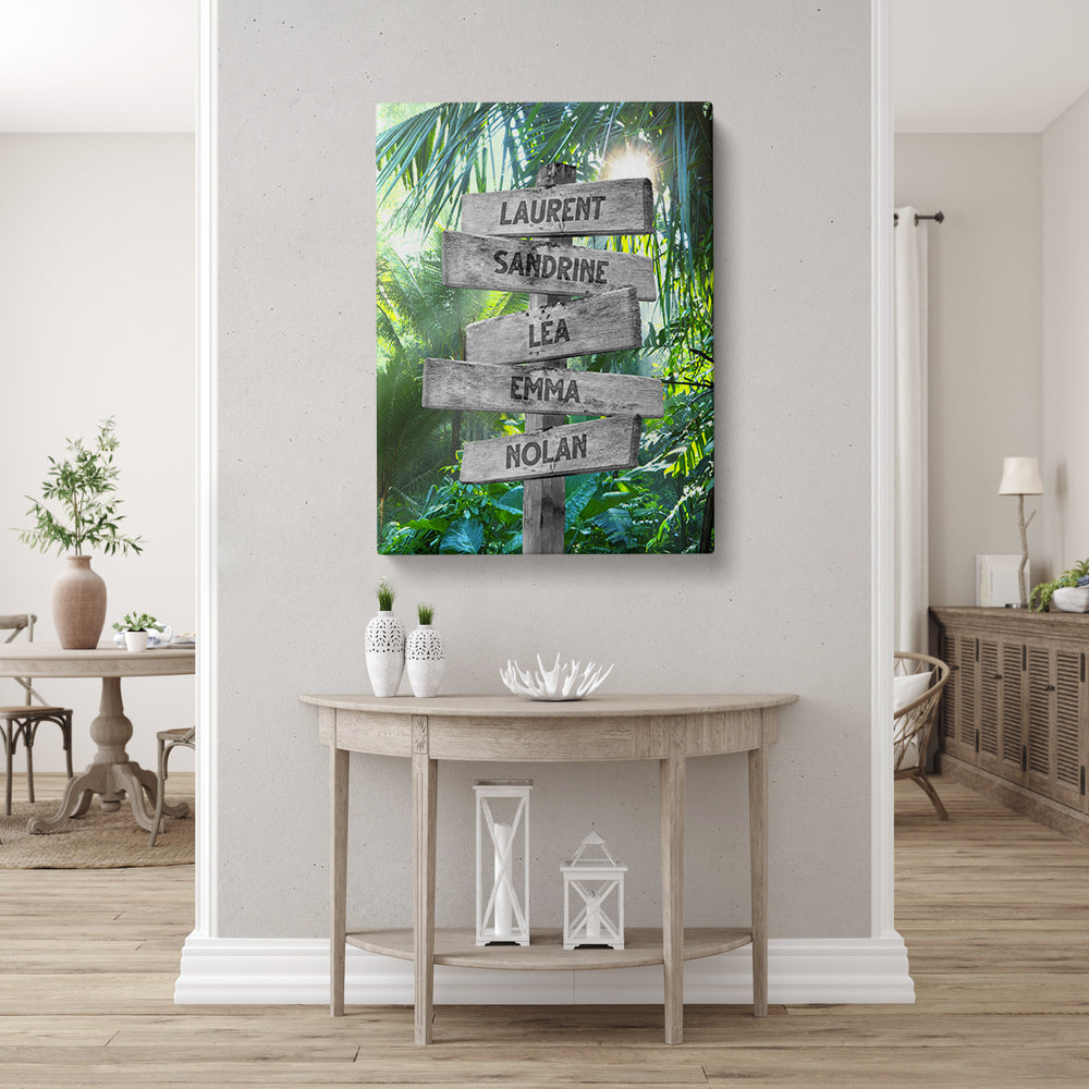 Tableau personnalisé famille, Prénom, Panneaux, Forêt Tropicale Rayon Soleil