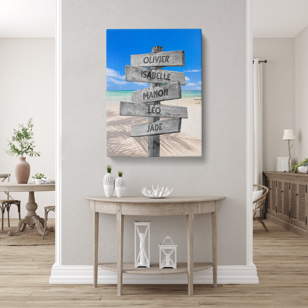 Tableau personnalisé famille, Panneaux prénom, Plage Sable Cocotier
