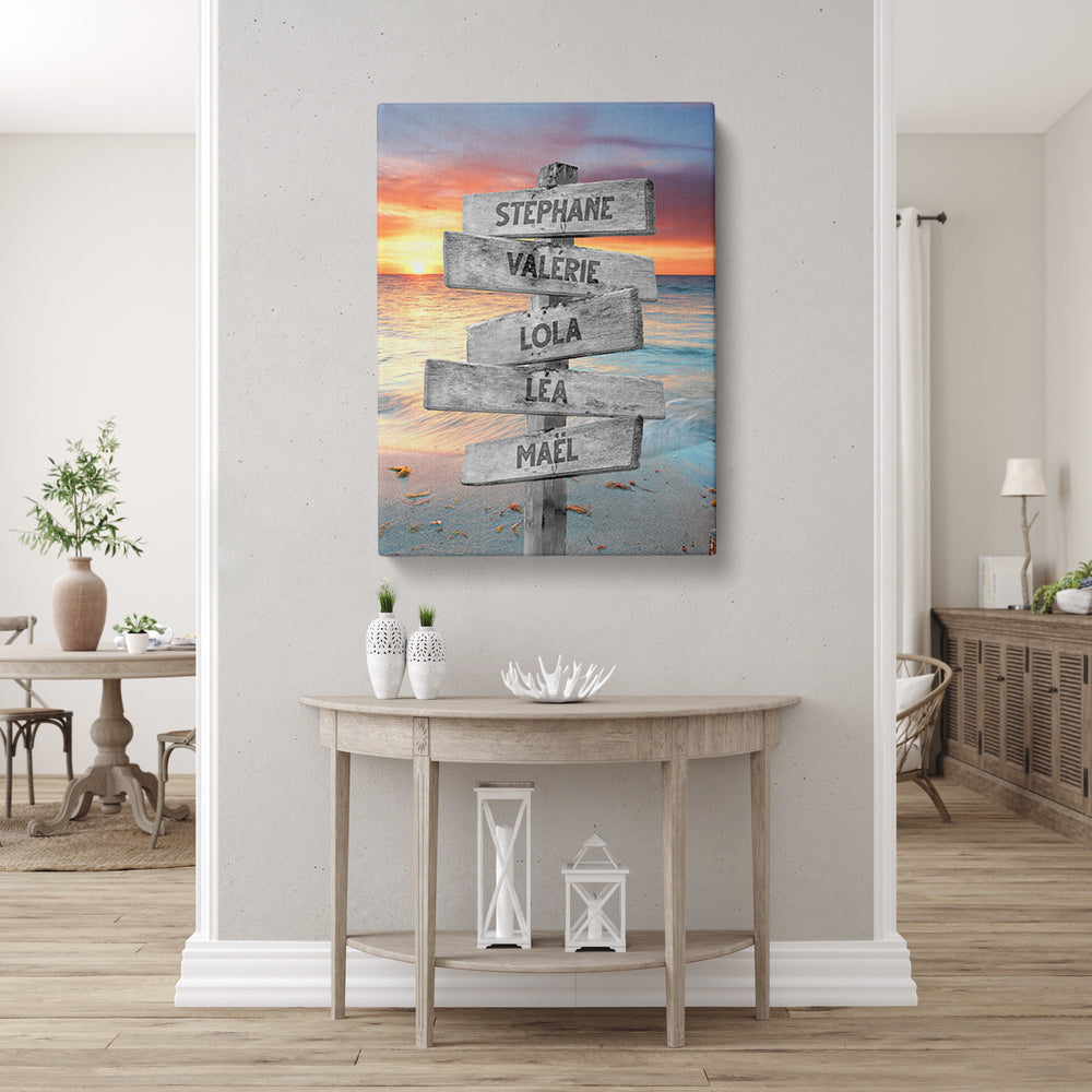 Tableau personnalisé famille, Prénom, Panneaux, Plage Coucher de Soleil