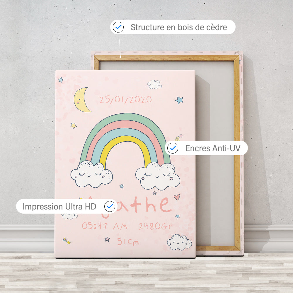 Tableau naissance personnalisé, Arc en ciel et nuages Fille