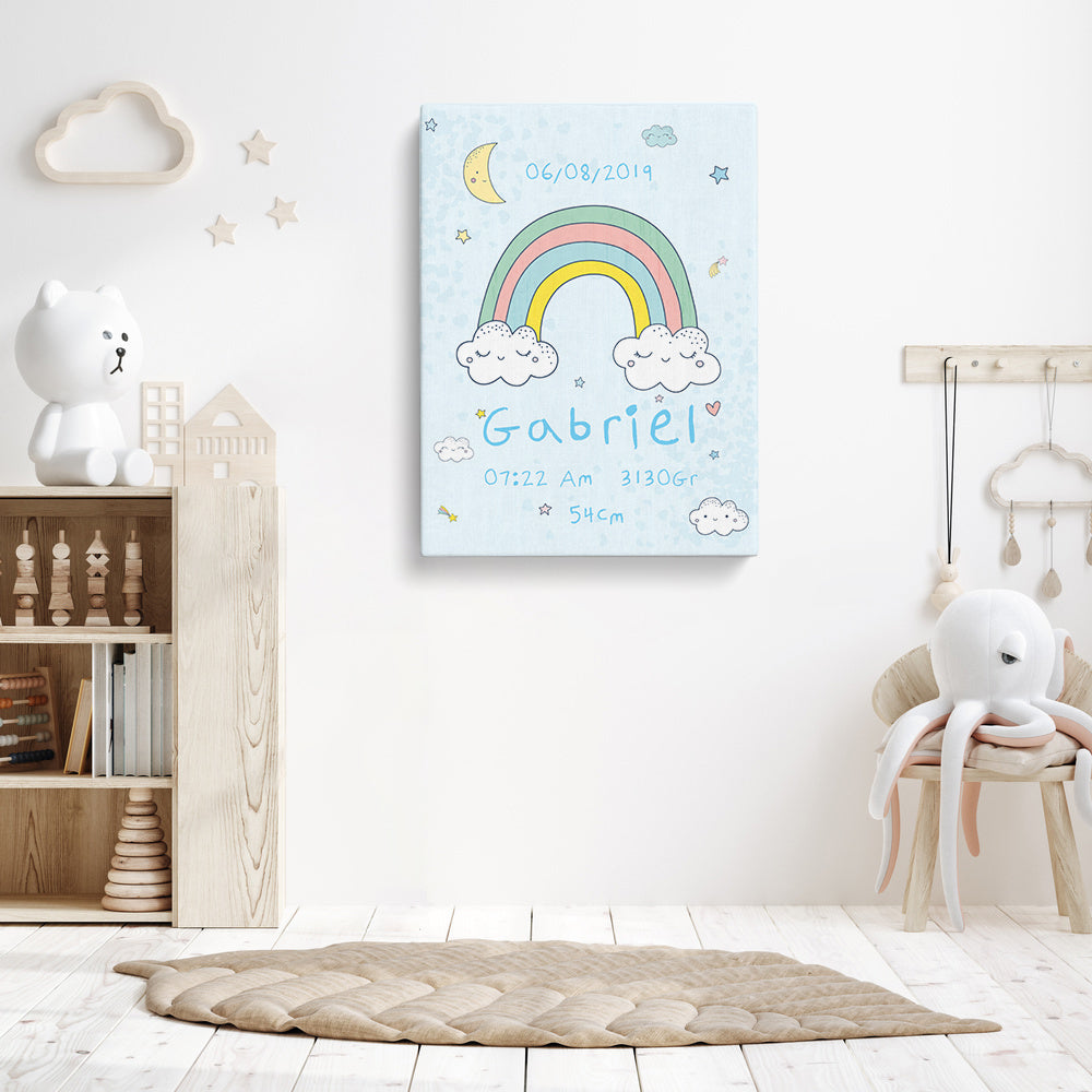 Tableau naissance personnalisé, Arc en ciel et nuages Garçon