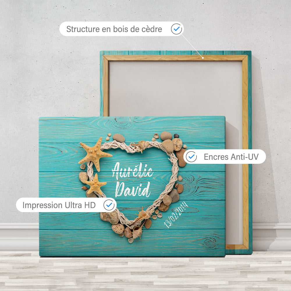 Tableau personnalisé couple, Mariage, Cœur galets et Coquillages