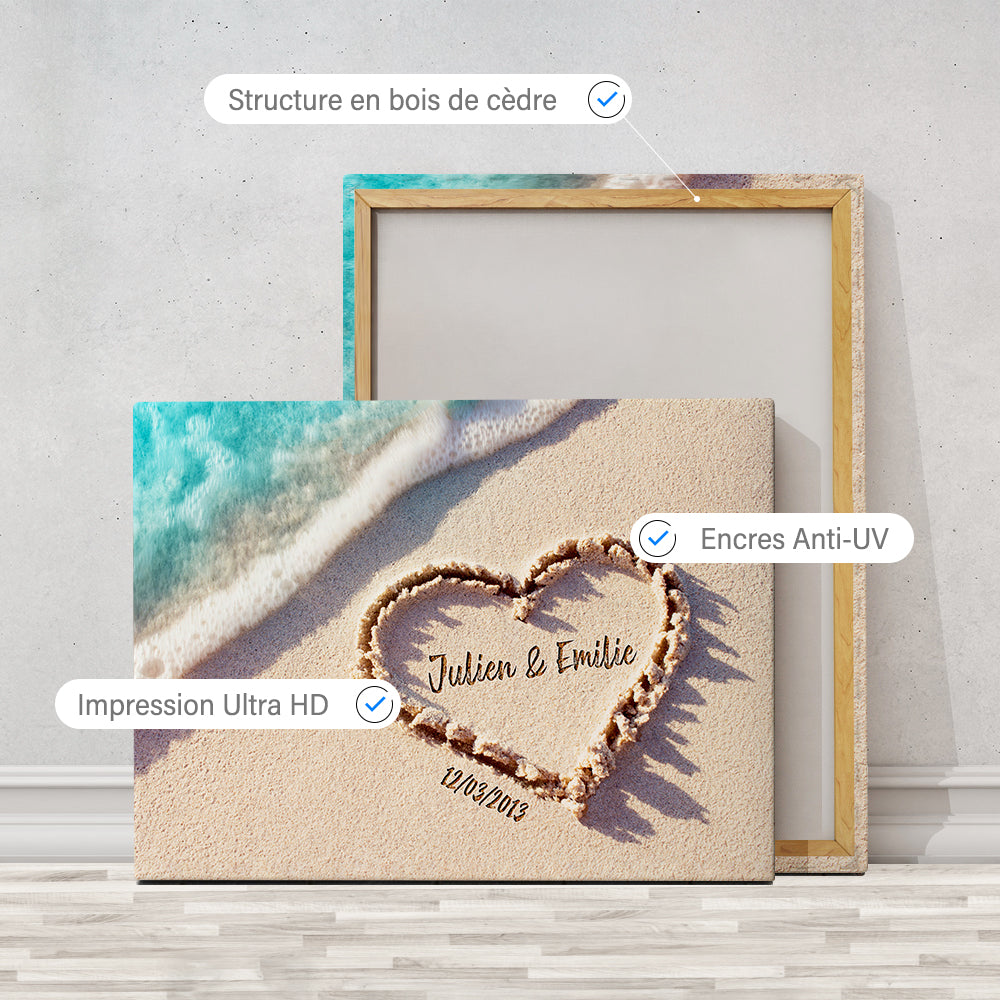 Tableau personnalisé couple, Mariage, Cœur sable plage