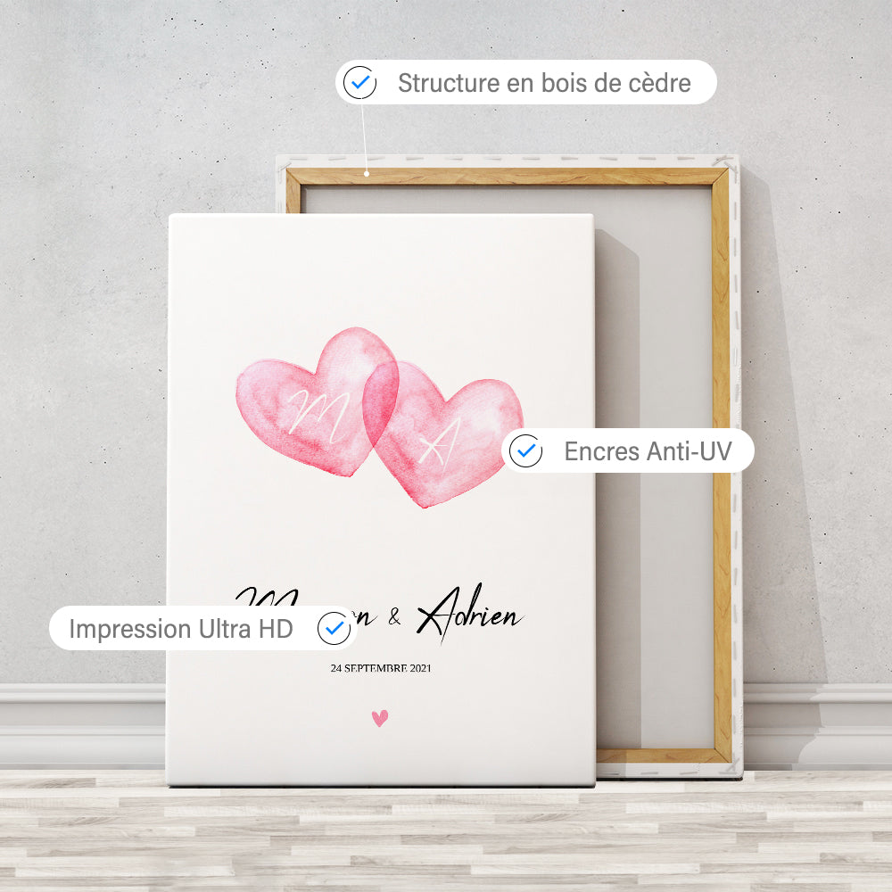 Tableau personnalisé couple, Mariage, Coeurs croisées aquarelle rose