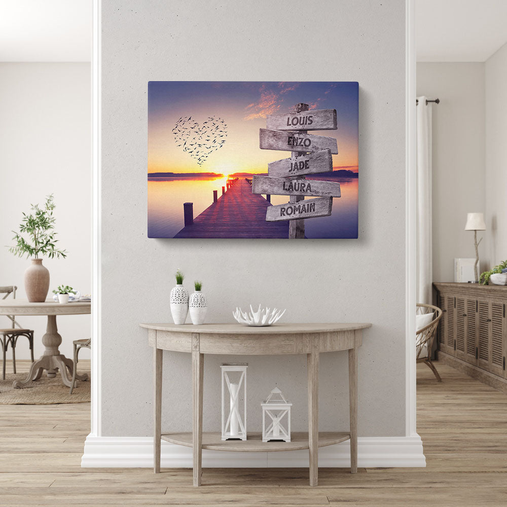 Tableau personnalisé famille, Prénom, Panneaux, Ponton mer coucher soleil