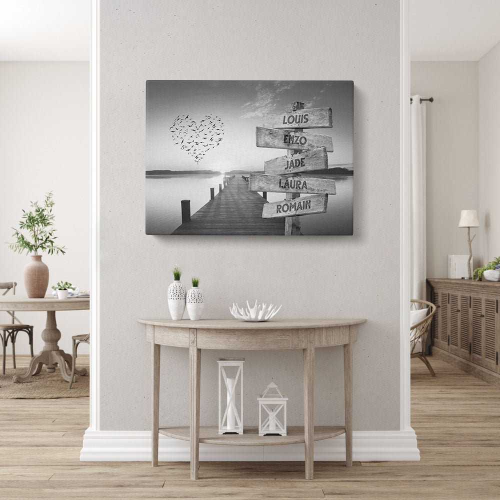 Tableau personnalisé famille, Prénom, Panneaux, Ponton mer coucher soleil noir et blanc