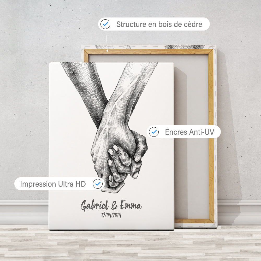 Tableau personnalisé couple, Mariage, mains enlacées fusain