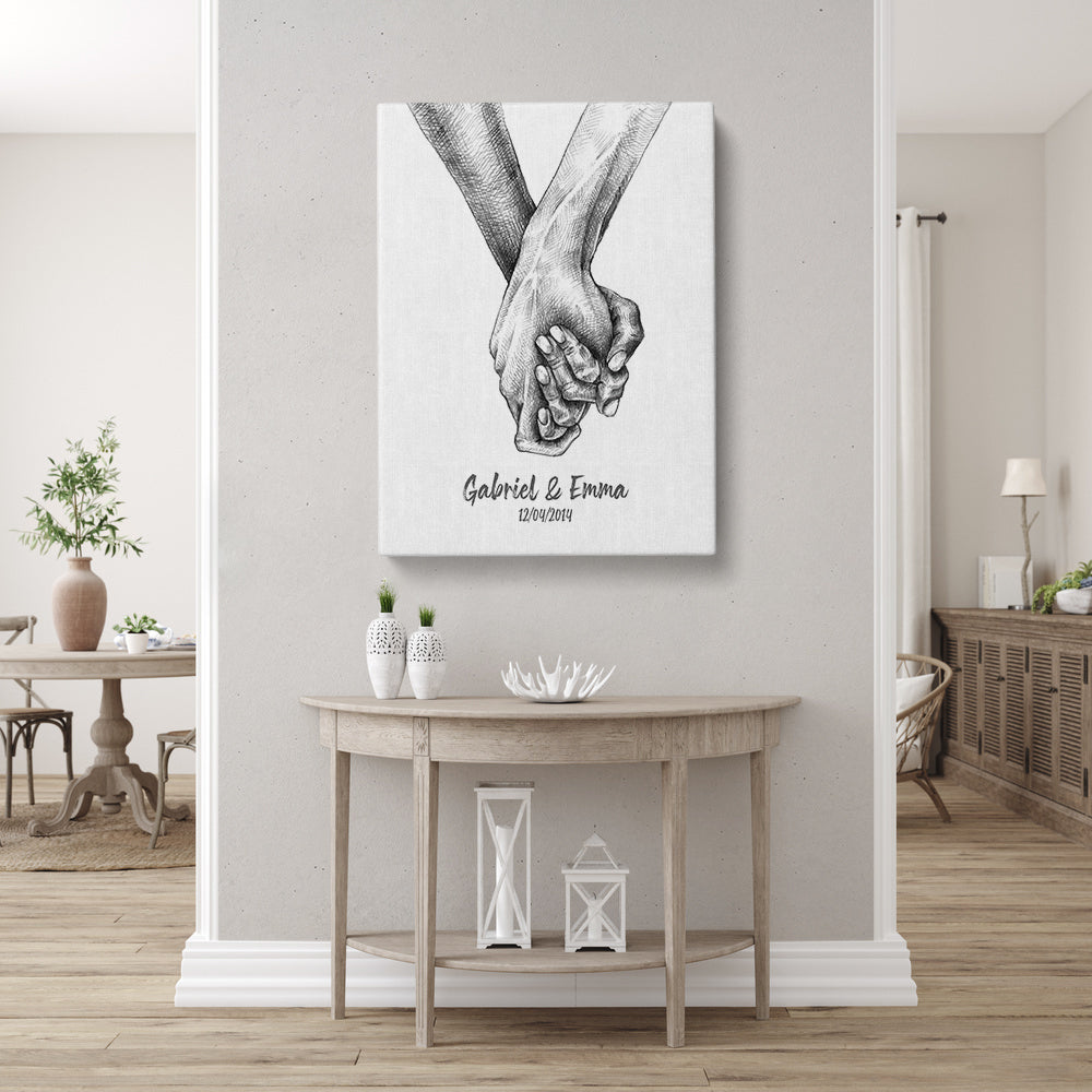 Tableau personnalisé couple, Mariage, mains enlacées fusain