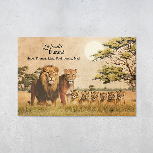 Affiche personnalisée Famille Lions, Père, Mère, Papa, Maman et enfants, Prénoms