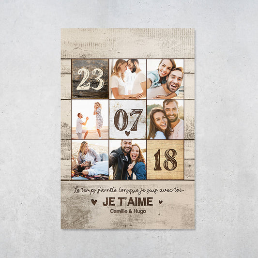 Affiche personnalisée photo couple, Date rencontre, mariage, prénoms, bois