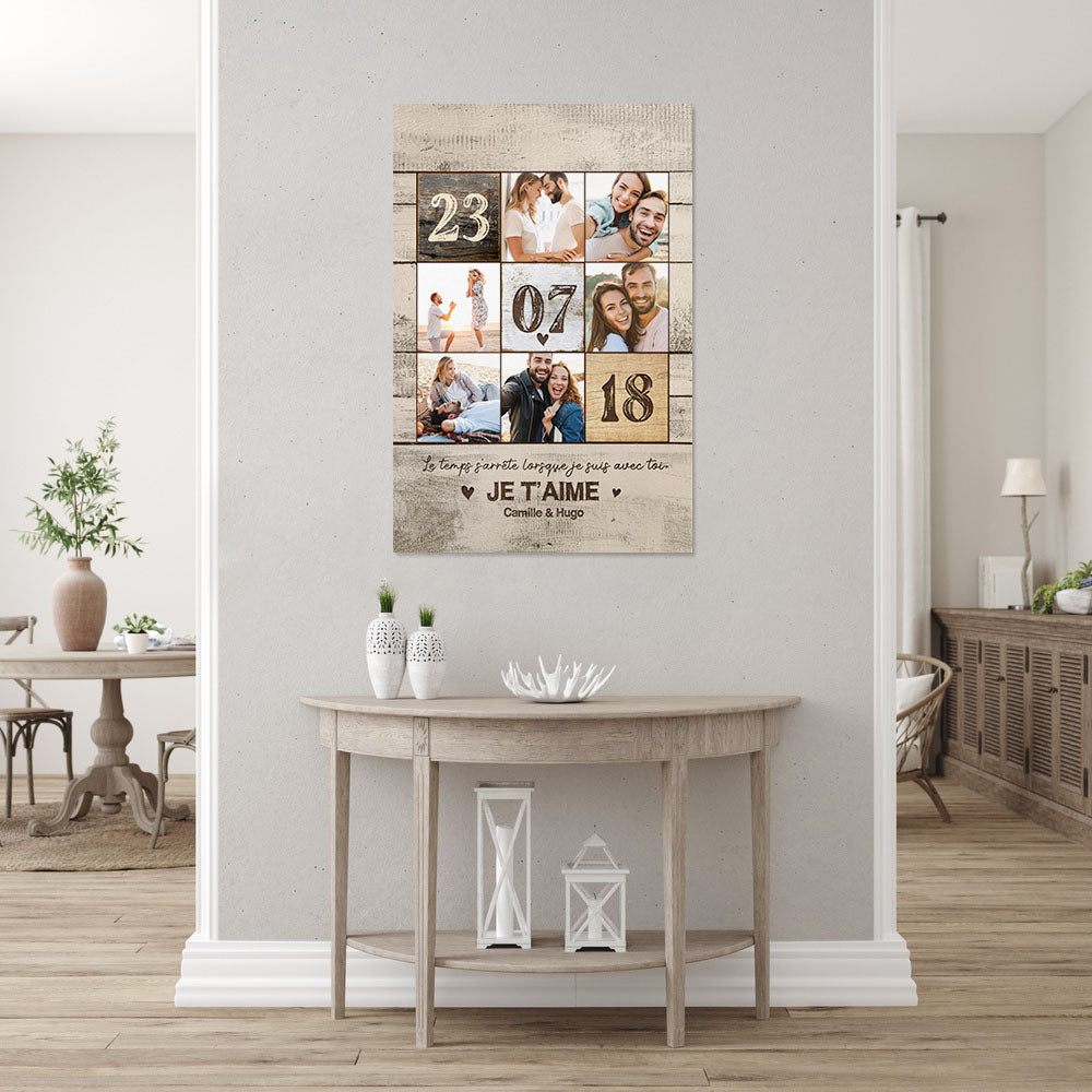 Affiche personnalisée photo couple, Date rencontre, mariage, prénoms, bois