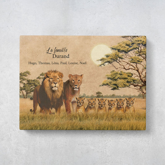 Tableau personnalisé Famille Lions, Père, Mère, Papa, Maman et enfants, Prénoms