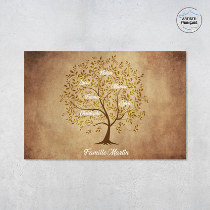 Une affiche personnalisée famille qui représente un Arbre de vie personnalisé dessinée sur un vieux parchemin avec de l’encre foncée. Les prénoms et les textes sont personnalisables.