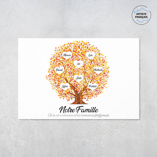 Une affiche personnalisée famille qui représente un Arbre de vie personnalisé en forme de boule et peint en aquarelle avec des feuilles de couleur orange. Les prénoms et les textes sont personnalisables.