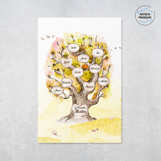 Une affiche personnalisée famille qui représente un Arbre de vie personnalisé de chêne massif peint en aquarelle avec des feuilles de couleur jaunes. Les prénoms et les textes sont personnalisables.