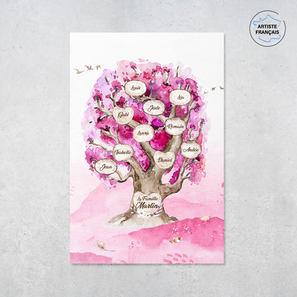 Une affiche personnalisée famille qui représente un Arbre de vie personnalisé de chêne massif peint en aquarelle avec des feuilles de couleur roses. Les prénoms et les textes sont personnalisables.