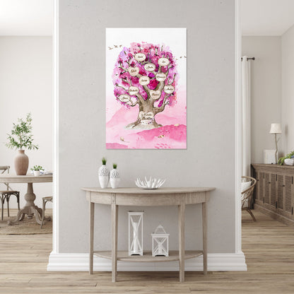 Affiche personnalisée famille, Prénom, Arbre de vie, Chêne Aquarelle Rose