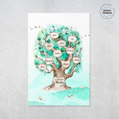 Une affiche personnalisée famille qui représente un Arbre de vie personnalisé de chêne massif peint en aquarelle avec des feuilles de couleur turquoises. Les prénoms et les textes sont personnalisables.