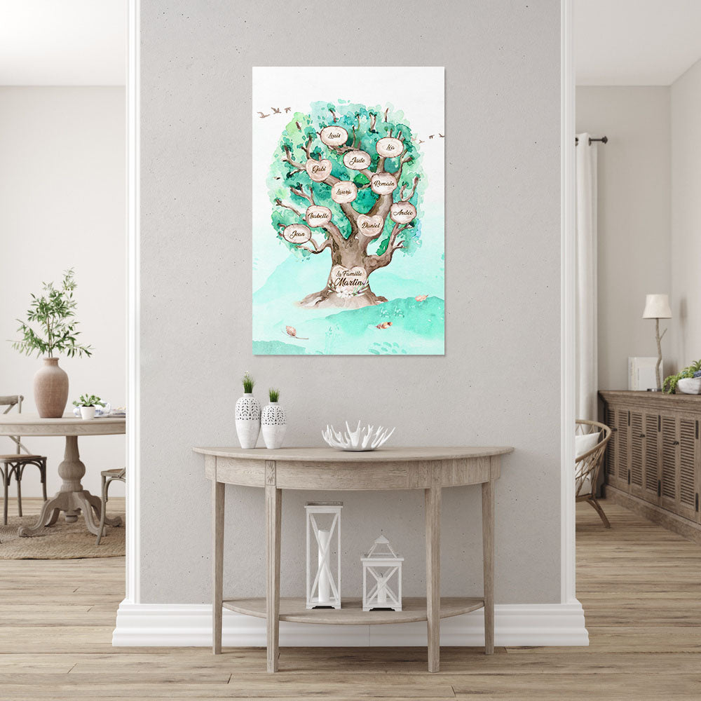 Affiche personnalisée famille, Prénom, Arbre de vie, Chêne Aquarelle Turquoise