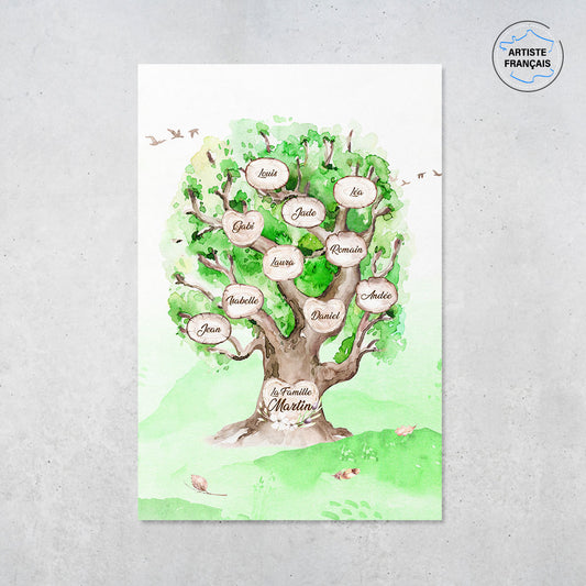 Une affiche personnalisée famille qui représente un Arbre de vie personnalisé de chêne massif peint en aquarelle avec des feuilles de couleur vertes. Les prénoms et les textes sont personnalisables.