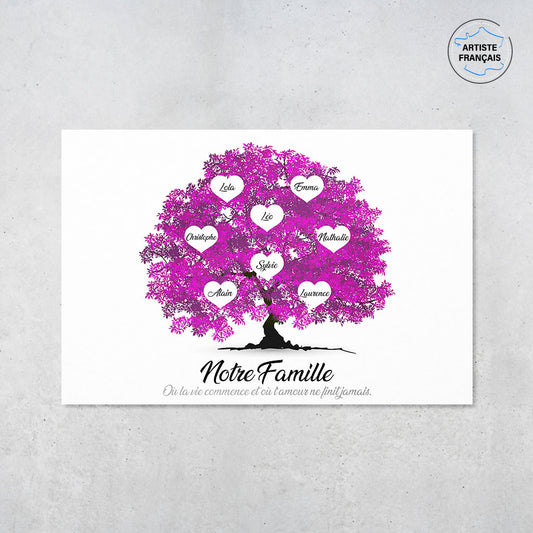Une affiche personnalisée famille qui représente un Arbre de vie personnalisé réaliste peint en aquarelle avec des feuilles de couleur rose violets. Les prénoms et les textes sont personnalisables.