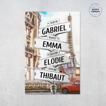 Une affiche personnalisée famille qui représente des panneaux de direction dans la vielle ville de Paris avec la tour Eiffel et une ancienne 2 cheveux Citroën rouge. Les prénoms et dates de naissances sur les panneaux sont personnalisables.