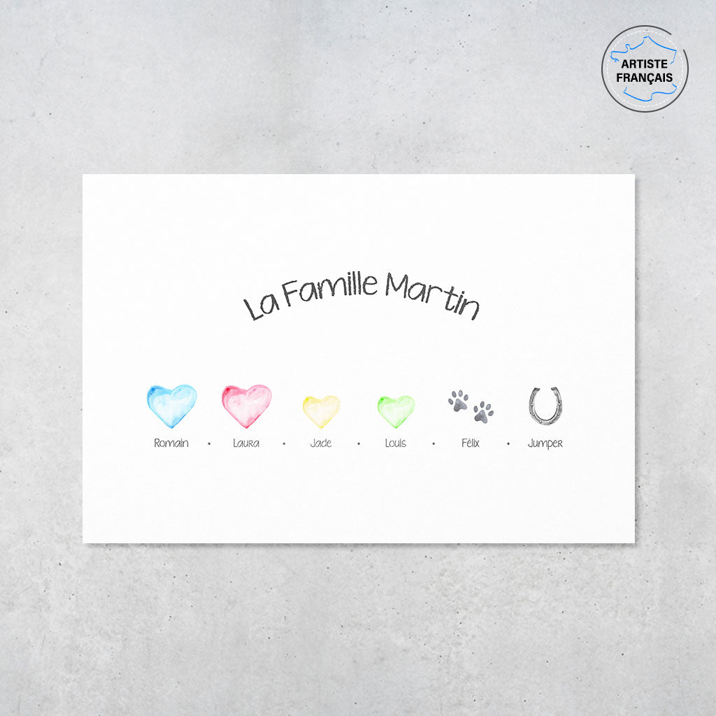 Une affiche personnalisée famille qui représente votre famille via des icones minimaliste peint en aquarelle. Les prénoms, les icones (chien, chat, chevaux, rongeur, oiseaux) et les textes sont personnalisables.