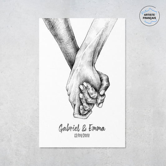 Une affiche personnalisée couple qui représente deux mains qui s’enlacent dessinées au fusain sur un fond blanc. Les prénoms et la date de rencontre du couple sont personnalisables. Le design est minimaliste.