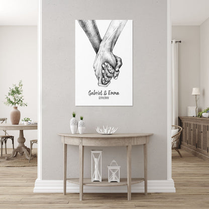 Affiche personnalisée couple et mariage, mains enlacées fusain
