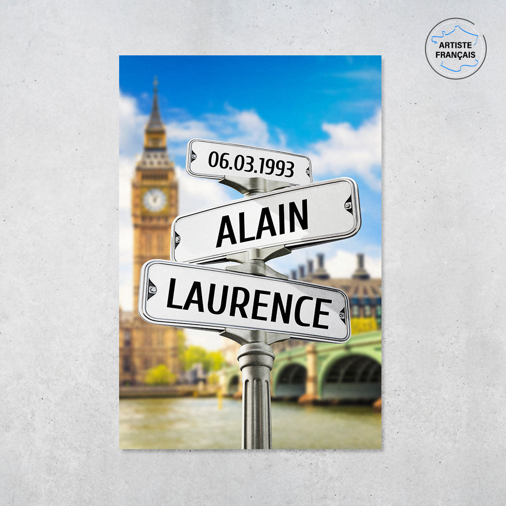Une affiche personnalisée couple représentant des panneaux de direction de la ville de Londres avec Big Ben en arrière plan. Les prénoms du couple, la date de rencontre et les textes sont personnalisables.