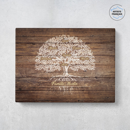 Un tableau arbre de vie personnalisé famille qui représente un Arbre de vie personnalisé peint en blanc sur de vielles planches de bois. Les prénoms et les textes sont personnalisables.