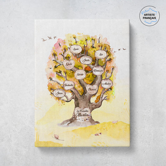 Tableau arbre de vie personnalisé famille qui représente un Arbre de vie personnalisé de chêne massif peint en aquarelle avec des feuilles de couleur jaunes. Les prénoms et les textes sont personnalisables.