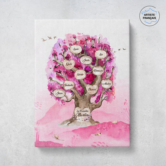 Tableau arbre de vie personnalisé famille qui représente un Arbre de vie personnalisé de chêne massif peint en aquarelle avec des feuilles de couleur roses. Les prénoms et les textes sont personnalisables.