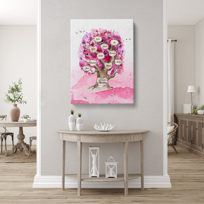 Tableau arbre de vie personnalisé, Famille, Prénom, Chêne Aquarelle Rose