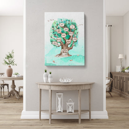Tableau arbre de vie personnalisé, Famille, Prénom, Chêne Aquarelle Turquoise