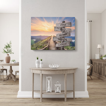 Tableau personnalisé famille, Prénom, Panneaux, Montagne Coucher de Soleil