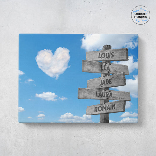 Un tableau personnalisé famille qui représente des panneaux de direction en bois avec des prénoms inscrit dessus, avec un ciel bleu en fond et des nuages en forme de coeur. Les prénoms sur les panneaux sont personnalisables.
