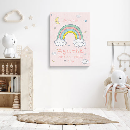 Tableau naissance personnalisé, Arc en ciel et nuages Fille