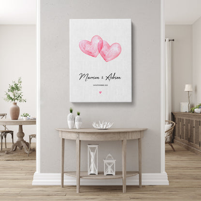 Tableau personnalisé couple, Mariage, Coeurs croisées aquarelle rose